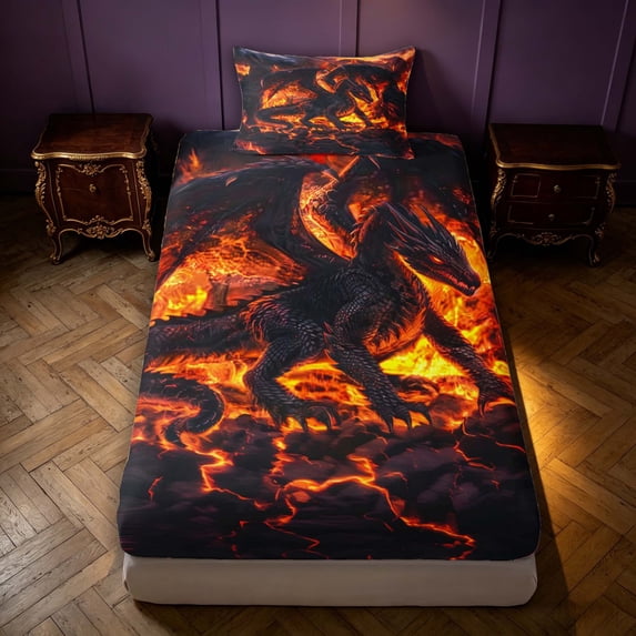 Manfei Retro Dragon Animals Fitted Sheet Queen,Vintage Wildlife Bedding,Red Black,3-Piece,1 Fitted Sheet and 2 Pillowcases