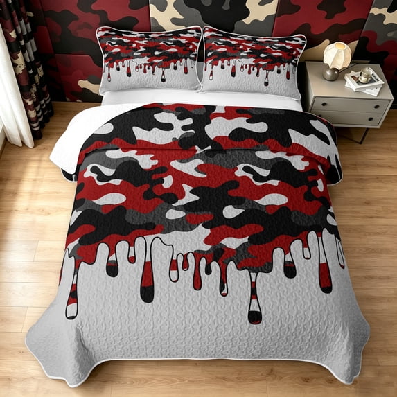 Manfei Retro Dripping Camouflage Quilt King, Contemporary Art Camo King Coverlet Set, Gray Red, 3-Piece, 1 Bedspread and 2 Pillowcases