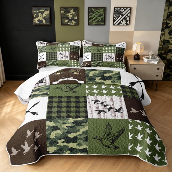Manfei Retro Duck Wildlife Twin Quilt Set, Old Fashion Camo Buffalo Twin Coverlet Set, Olive Green, 2 Pieces, 1 Bedspread and 1 Pillowcase