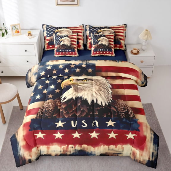 Manfei Retro Eagle 7-Piece Twin Bedding,Vintage Stars Usa Flag Bedding Comforter Set,Brown Red Navy,Navy Blue Reversible