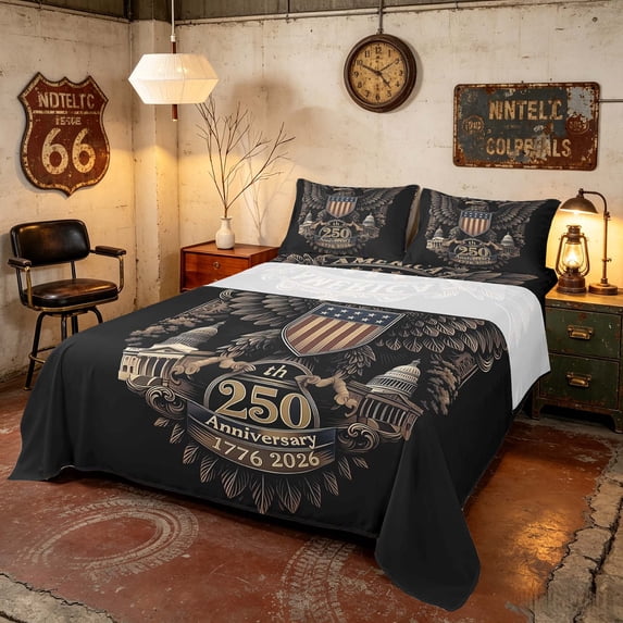 Manfei, Retro Eagle Bed Sheets, 250th Anniversary Patriotic Full Size Sheets, Black, Black Reversible 4pcs (1 Flat Sheet, 1 Fitted Sheet and 2 Pillowcases)