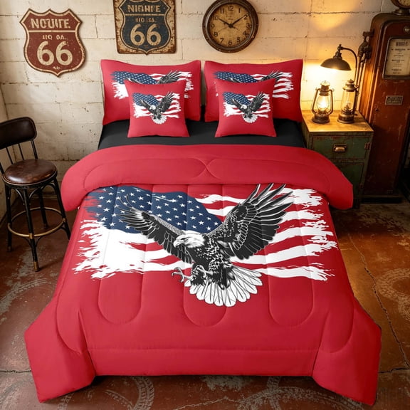 Manfei Retro Eagle King Bedding, Grunge USA Flag King Bed in a Bag, Red White Black, Black Reversible 7 Pieces