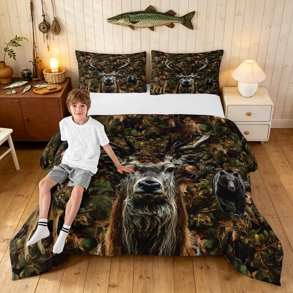 Manfei Retro Farmhouse Deer King Size Comforter Sets, Folk Wildlife Comforters King Size, Dark Brown, Black Reversible, 3-Piece, 1 Comforter and 2 Pillowcases