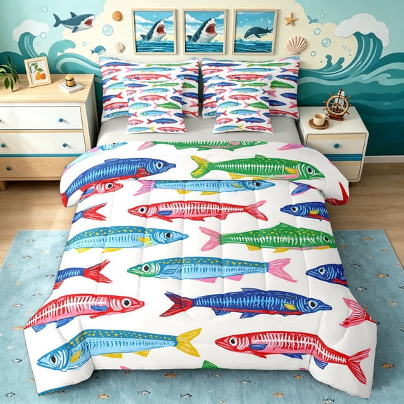 Manfei Retro Fish Sketch Full Size Bedding Sets, Vivid Rustic Animal Full Size Bed in a Bag, Multicolor White, Gray Reversible, 7pcs