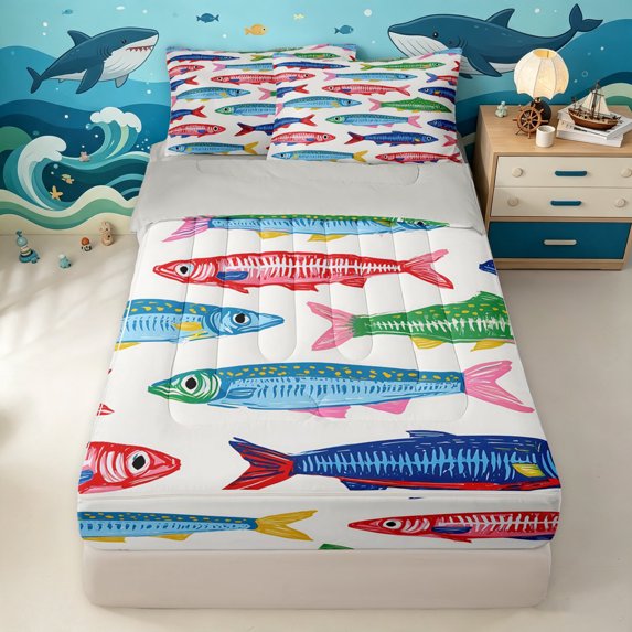 Manfei Retro Fish Sketch Zipper Full Size Comforter Sets with Fitted Sheet and 2 Pillowcases, Vivid Rustic Animal Zipper Bedding Set, Multicolor White, Gray Reversible, 4pcs