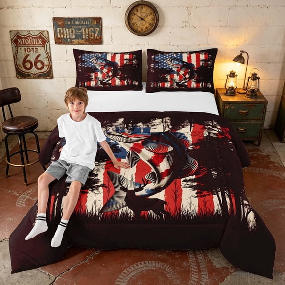 Manfei Retro Fishing Bass Fish Full Size Comforter Sets, American Flag Printed Bedding Comforter Set, Red Black White, Black Reversible 3pcs, 1 Comforter and 2 Pillowcases