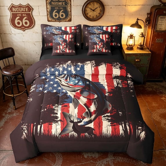 Manfei Retro Fishing Bass Fish Twin Bedding, American Flag Printed Bedding Comforter Set, Red Black White, Black Reversible 7-Piece