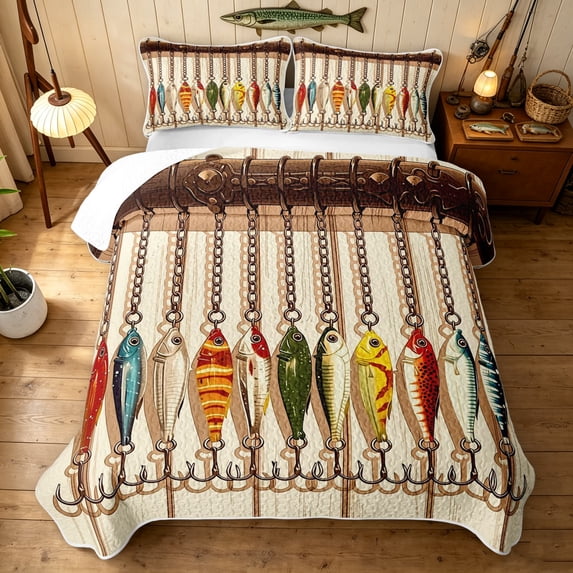 Manfei Retro Fishing Hook Twin Quilt Set, Rustic Farmhouse Twin Coverlet Set, Beige, 2pcs, 1 Bedspread and 1 Pillowcase