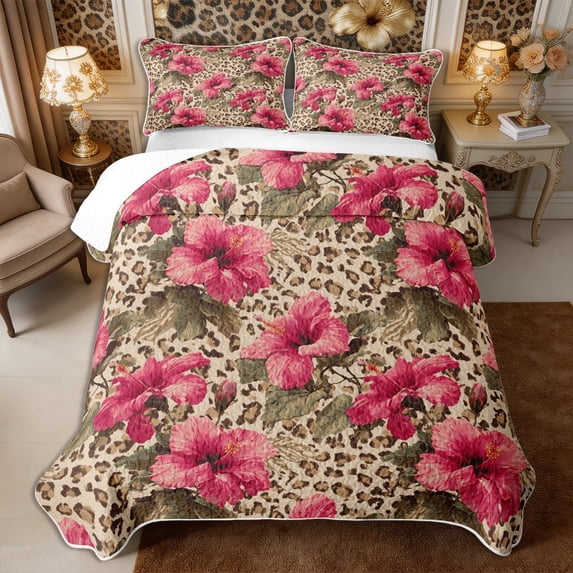 Manfei Retro Floral Leopard Print Bed Spread Queen 3pcs,Watercolor Flowers Queen Coverlet Set,1 Quilt and 2 Pillowcases