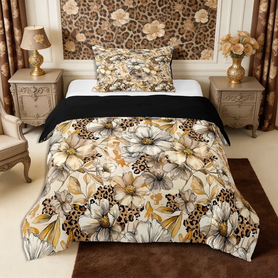 Manfei Retro Floral Leopard Print Twin Comforter Sets 2pcs,Watercolor Flowers Bedding Set,1 Comforter and 1 Pillowcase,Reversible