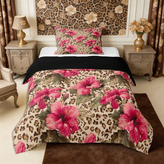 Manfei Retro Floral Leopard Print Twin Comforter Sets 2pcs,Watercolor Flowers Bedding Set,1 Comforter and 1 Pillowcase,Reversible