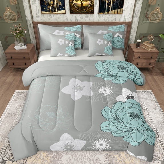 Manfei Retro Flower 7-Piece Bedding Comforter Set,Vintage Floral King Bedding Sets,Gray Blue Bed Sheets For Men Women,Super Cozy Room Decor Reversible