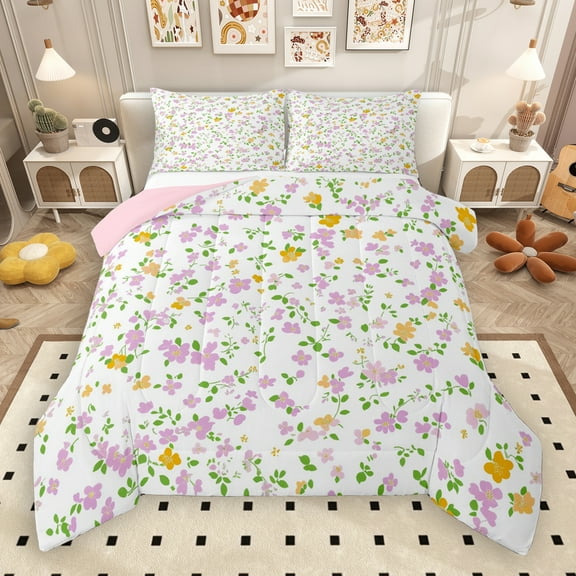Manfei Retro Flower Bedding Comforter Set,Rustic Floral Twin Comforter Sets,Purple White Green Bedding Set For Men Women,Ultra Soft Home Decor Reversible,2 Pieces