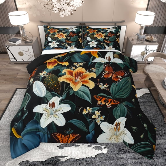 Manfei Retro Flower Bedding Comforter Set,Rustic Lily Twin Comforter Sets,Green White Orange Bedding Set For Men Women,Ultra Soft Home Decor Reversible,2-Piece