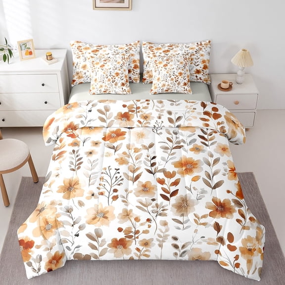 Feelyou Retro Flower Floral Twin Bedding Sets 7-Piece, Botanical Print Bedding Comforter Set, Teens Female Girls Sheet Sets, Breathable Bedroom Decoration