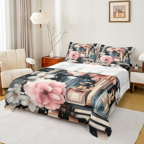 Manfei Retro Flower Floral Twin Bed Sets,Romantic Makeup Perfume Fitted Sheets,Pink Black Blue Flat Sheet For Princess,Microfiber Bedroom Decor,3-Piece