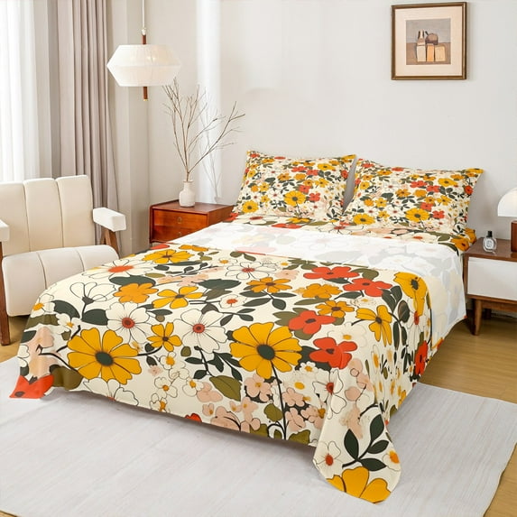 Manfei Retro Flower Full Size Sheets,Country Botanical Bed Sheets,Beige Orange Sheet Sets For Girls Kids,Microfiber Bedroom Decor,4pcs