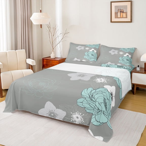 Manfei Retro Flower Full Size Sheets,Vintage Floral Bed Sheets,Gray Blue Sheet Sets For Men Women,Super Cozy Room Decor,4-Piece