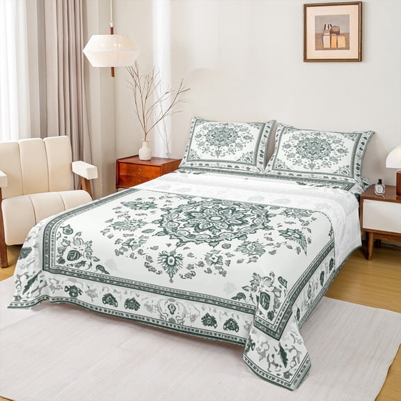 Manfei Retro Flower Twin Sheet Sets,Rustic Floral Twin Fitted Sheet,Green White Flat Sheet For Men Women,Microfiber Bedroom Decor,3pcs