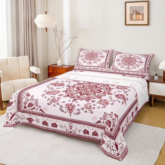 Manfei Retro Flower Twin Sheet Sets,Rustic Floral Twin Fitted Sheet,Pink White Flat Sheet For Men Women,Microfiber Bedroom Decor,3 Pieces