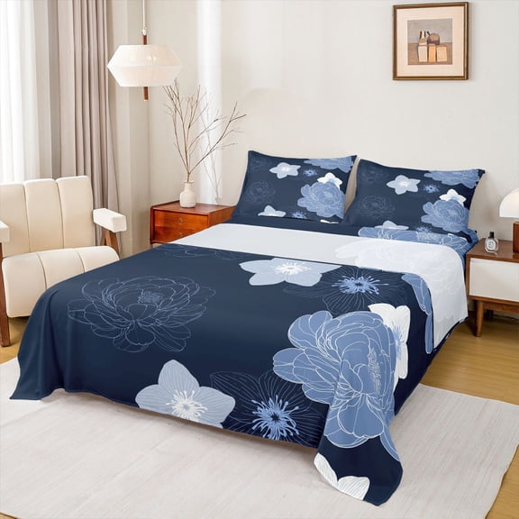 Manfei Retro Flowers Queen Sheet Sets,Vintage Floral Flat Sheet,Modern Aesthetic Artwork Queen Fitted Sheet For Men Women,Super Cozy Room Decor,4pcs