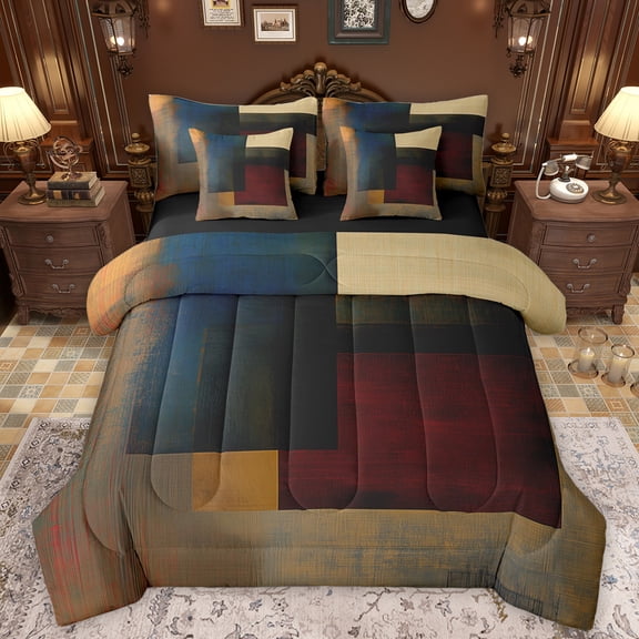Manfei Retro Geometric 7-Piece Bedding Comforter Set,Square Pattern King Bedding Sets,Brown Deepblue Plaid Bed Sheets For Men Women,Luxury Bedroom Decor Reversible
