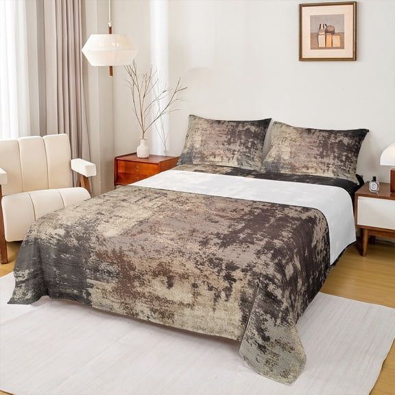 Manfei Retro Geometric Bed Sheets,Splashing Ink King Sheets,Brown Black Sheet Set For Boys Girls,Microfiber Bedroom Decor,4 Pieces