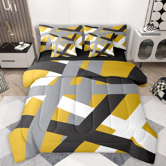 Manfei Retro Geometric Line 7-Piece Bedding Comforter Set,Modern Abstract Art King Bedding Sets,Gray Black Yellow Bed Sheets For Men Women,Ultra Soft Home Decor Reversible