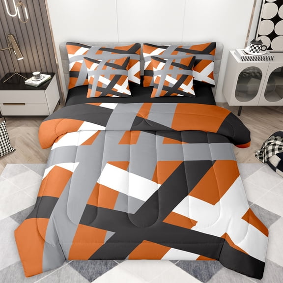 Manfei Retro Geometric Line 7-Piece Twin Bedding Sets,Modern Abstract Art Bedding Comforter Set,Gray Black Orange Sheet Sets For Men Women,Ultra Soft Home Decor Reversible