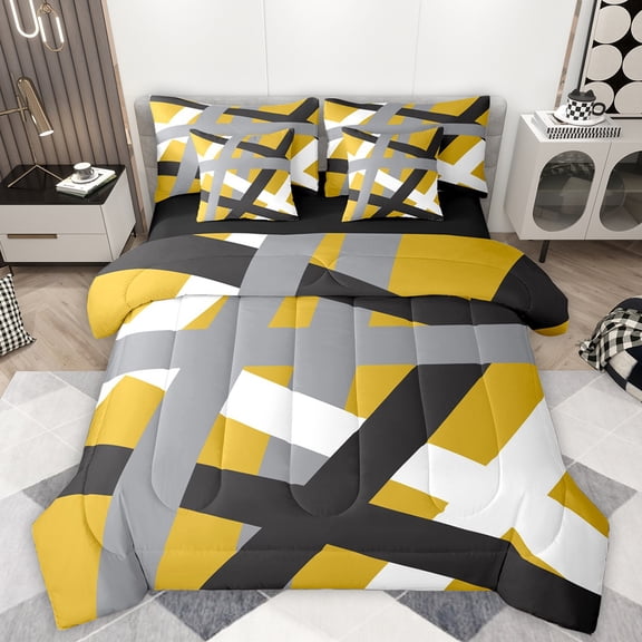 Manfei Retro Geometric Line 7-Piece Twin Bedding Sets,Modern Abstract Art Bedding Comforter Set,Gray Black Yellow Sheet Sets For Men Women,Ultra Soft Home Decor Reversible