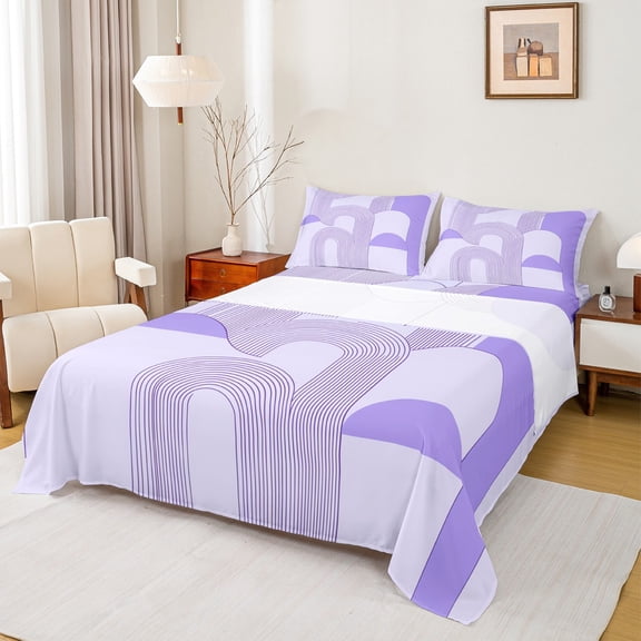 Manfei Retro Geometric Line Bed Sheets,Modern Abstract Art King Sheets,Purple Circle Circular Sheet Set For Men Women,Ultra Soft Home Decor,4-Piece