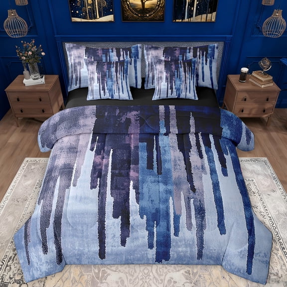 Manfei Retro Geometric Lines 7-Piece Bedding Comforter Set,Splash Ink Aesthetic King Bedding Sets,Blue Striped Bed Sheets For Teens,Luxury Bedroom Decor Reversible