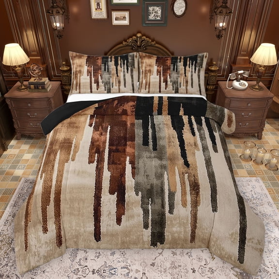 Manfei Retro Geometric Lines Full Size Comforter Sets,Splash Ink Aesthetic Bedding Comforter Set,Brown Black Bedding Sets For Teens,Luxury Bedroom Decor Reversible,3-Piece