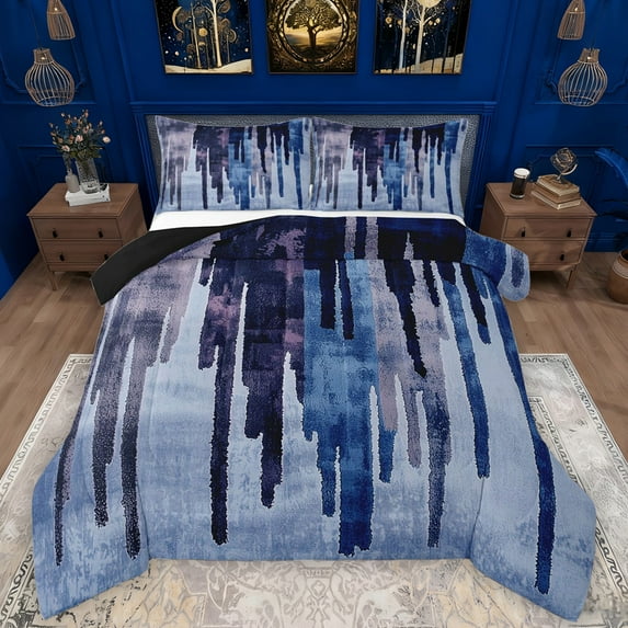 Manfei Retro Geometric Lines Queen Comforter Set,Splash Ink Aesthetic Bedding Sets,Blue Striped Bedding Comforter Set For Teens,Luxury Bedroom Decor Reversible,3-Piece