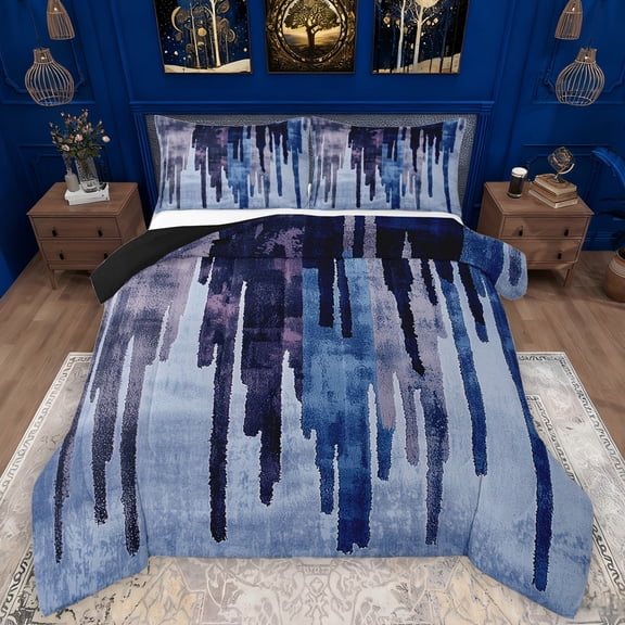 Manfei Retro Geometric Lines Queen Comforter Set,Splash Ink Aesthetic Bedding Sets,Blue Striped Bedding Comforter Set For Teens,Luxury Bedroom Decor Reversible,3-Piece