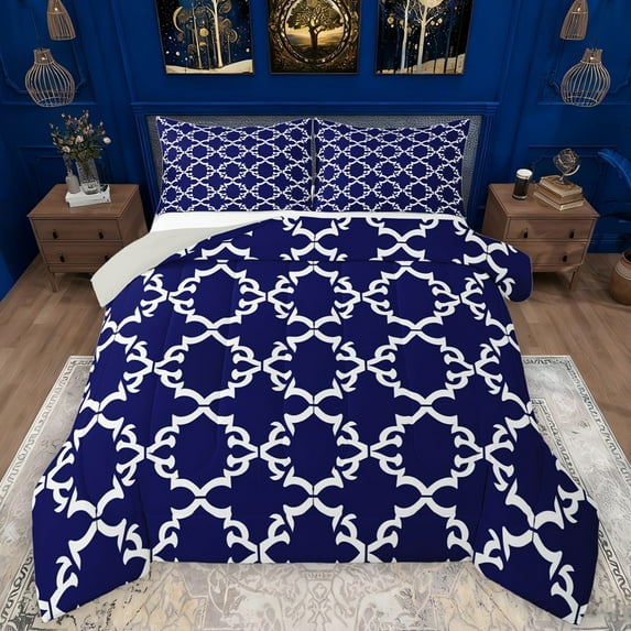 Manfei Retro Geometric Print Full Size Comforter Sets,Rustic Western Bedding Comforter Set,Blue White Bedding Sets For Girls Kids,Luxury Bedroom Decor Reversible,3pcs