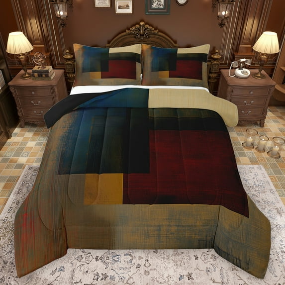 Manfei Retro Geometric Queen Comforter Set,Square Pattern Bedding Sets,Brown Deepblue Plaid Bedding Comforter Set For Men Women,Luxury Bedroom Decor Reversible,3-Piece