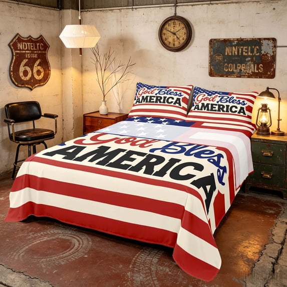 Manfei Retro God Bless America Print Bed Sheets, USA Flag Full Size Sheets, Red White Blue, Navy Reversible 4-Piece (1 Flat Sheet, 1 Fitted Sheet and 2 Pillowcases)