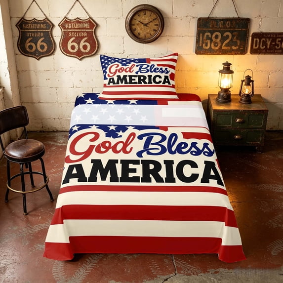 Manfei Retro God Bless America Print Twin Sheets, USA Flag Bedding, Red White Blue, Navy Reversible 3 Pieces (1 Flat Sheet, 1 Fitted Sheet and 1 Pillowcase)