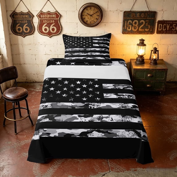 Manfei Retro Gray Camo American Flag Twin Sheets, Sleek Patriotic Independence Day Bedding, Black Reversible 3 Pieces (1 Flat Sheet, 1 Fitted Sheet and 1 Pillowcase)