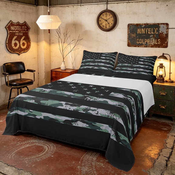 Manfei Retro Green Gray Camo American Flag Bed Sheets, Cool Patriotic Independence Day Full Size Sheets, Black Reversible 4pcs (1 Flat Sheet, 1 Fitted Sheet and 2 Pillowcases)
