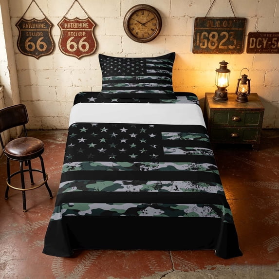 Manfei Retro Green Gray Camo American Flag Twin Sheets, Cool Patriotic Independence Day Bedding, Black Reversible 3-Piece (1 Flat Sheet, 1 Fitted Sheet and 1 Pillowcase)