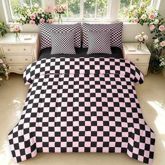 Manfei Retro Grid 7-Piece King Bedding,Classic Plaid King Bed in a Bag,Black Pink,Black Reversible