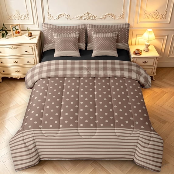 Manfei Retro Grid 7-Piece King Bedding,Kawaii Polka Dot King Bed in a Bag,Brown Gray,Black Reversible