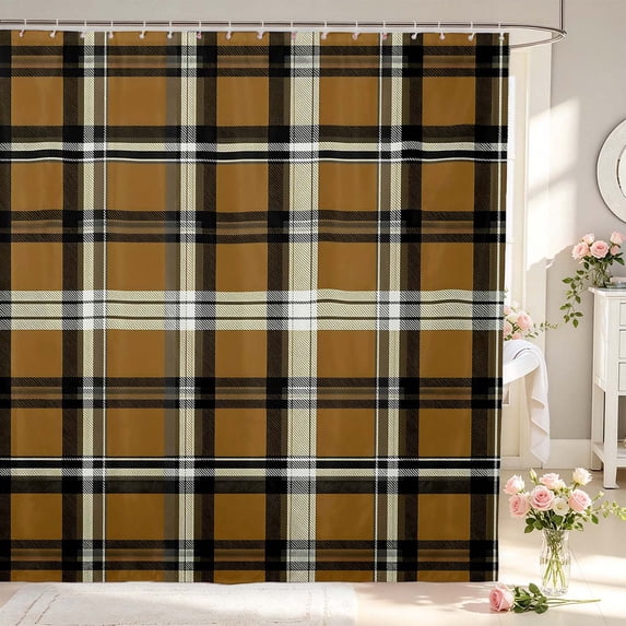 Manfei Retro Grid Shower Curtain 72Wx72L,Classic Plaid Bathroom Curtain,Brown Black White