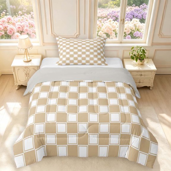 Manfei Retro Grid Twin Comforter Sets,Classic Plaid Bedding Set,Beige White,Light Gray Reversible,2 Pieces,1 Comforter and 1 Pillowcase,2 Pieces,1 Comforter and 1 Pillowcase