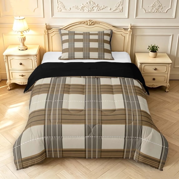 Manfei Retro Grid Twin Comforter Sets,Classic Plaid Bedding Set,Brown Gray,Black Reversible,2-Piece,1 Comforter and 1 Pillowcase,2-Piece,1 Comforter and 1 Pillowcase