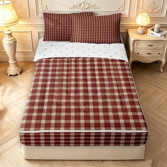 Manfei Retro Grid Zipper Full Size Comforter Sets with Fitted Sheet and 2 Pillowcases,Classic Plaid Zipper Bedding Set,Red Beige,Reversible,4pcs