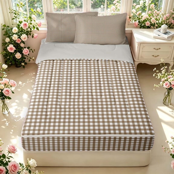 Manfei Retro Grid Zipper Twin Comforter Sets with Fitted Sheet and 2 Pillowcases,Rustic Forest Zipper Bedding Set,Brown White,Light Gray Reversible,4pcs