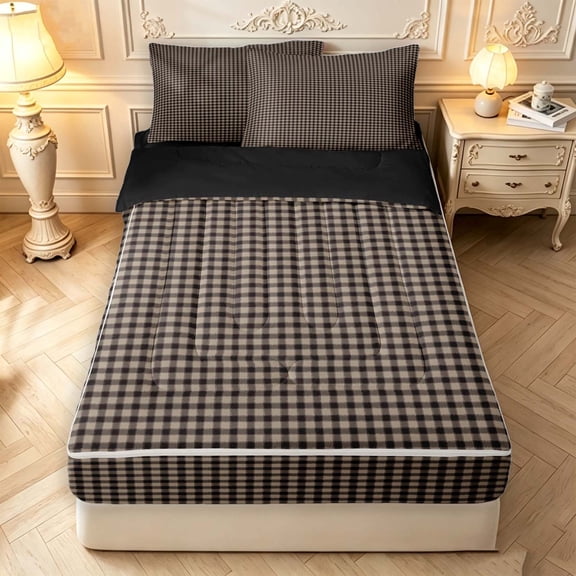Manfei Retro Grid Zipper Twin Comforter Sets with Fitted Sheet and 2 Pillowcases,Classic Plaid Zipper Bedding Set,Brown White,Black Reversible,4pcs